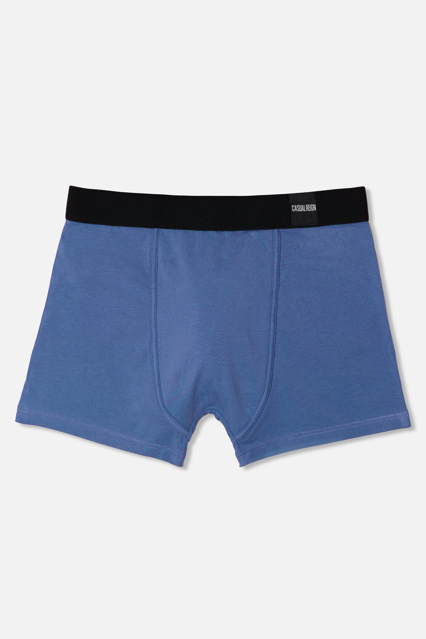 Blue packing boxer briefs with black waistband on a light gray background