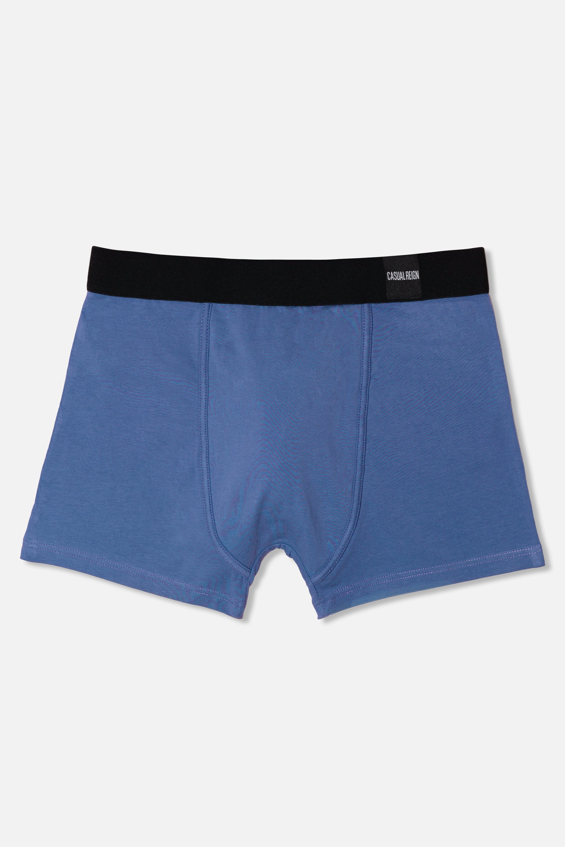 Blue packing boxer briefs with black waistband on a light gray background