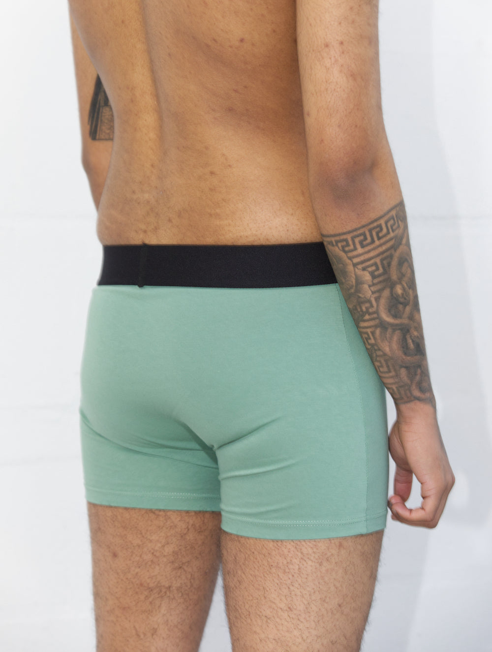 Model from behind wearing green packing boxers