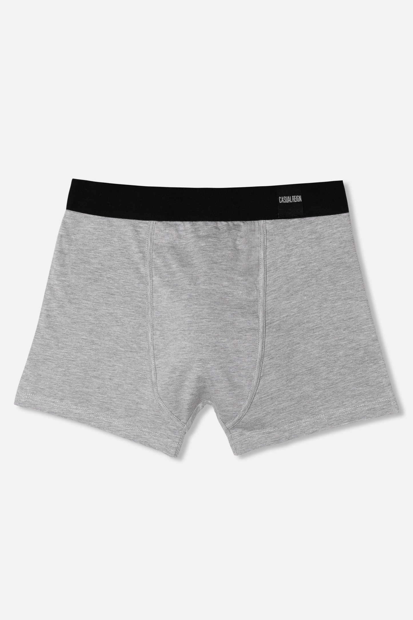 Grey packing boxer briefs with black waistband on a white background